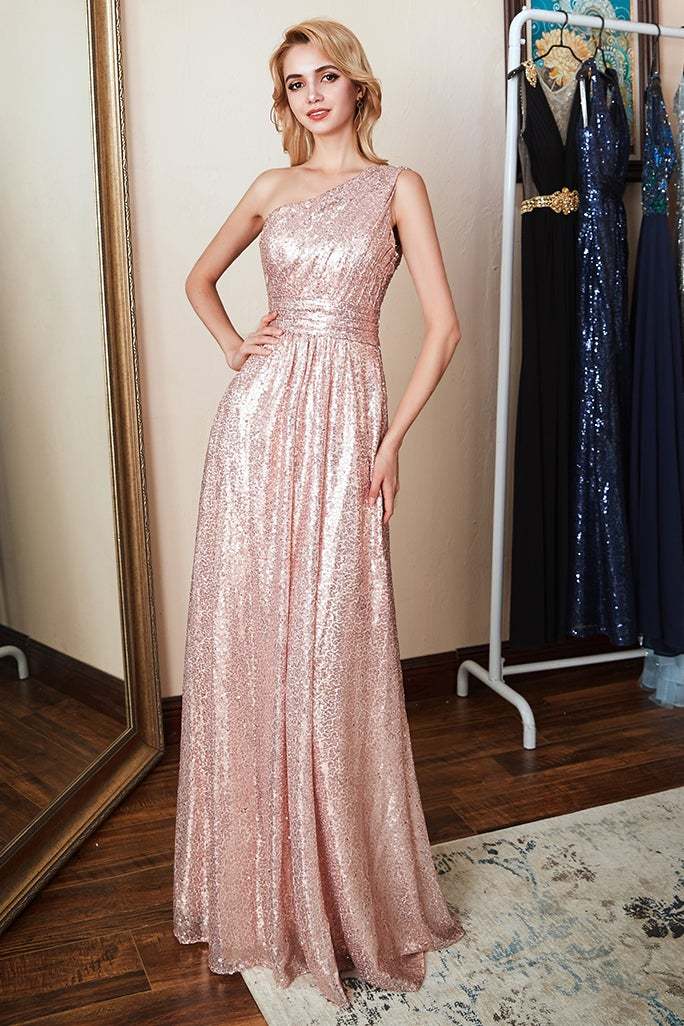 One Shoulder Sequins Bridesmaid Dress Long