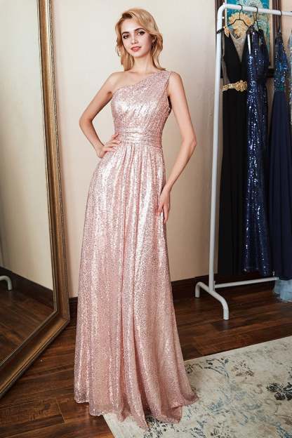 One Shoulder Sequins Bridesmaid Dress Long