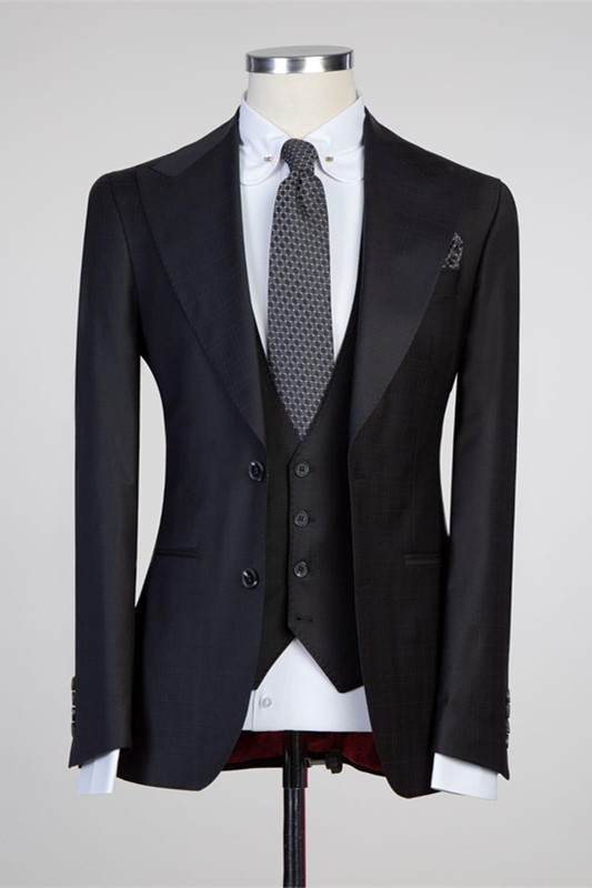 Elegant Slim Fit Black Peaked Lapel Wedding Tuxedo with Three-Piece