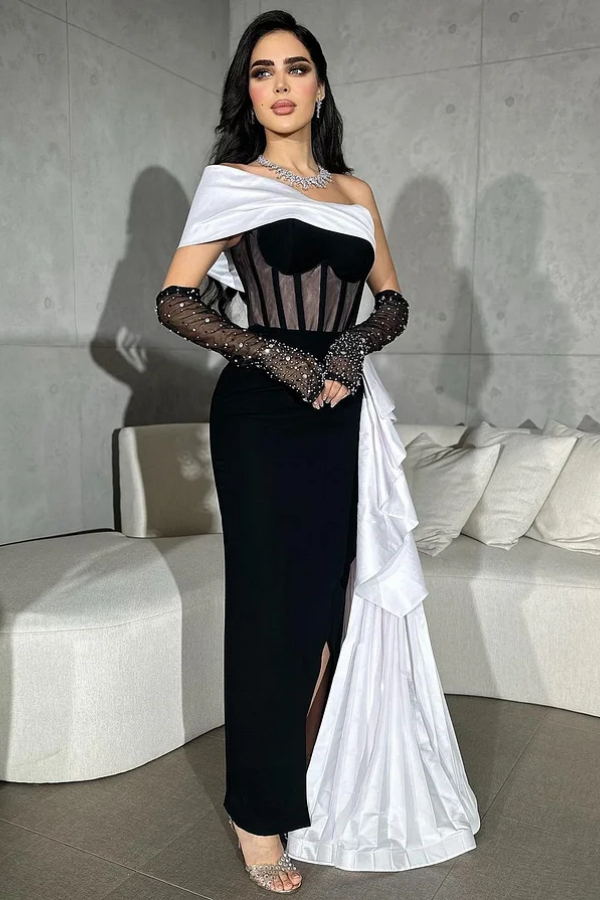 Black Short Split Prom Dress With White Tail