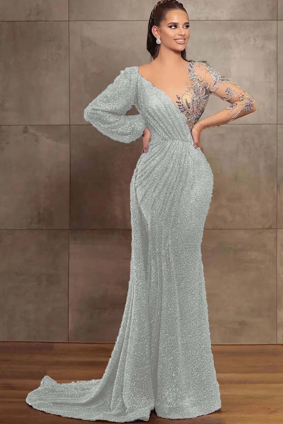 Gorgeous V-Neck Mermaid Evening Dress Long Sleeves With Sequins Beads