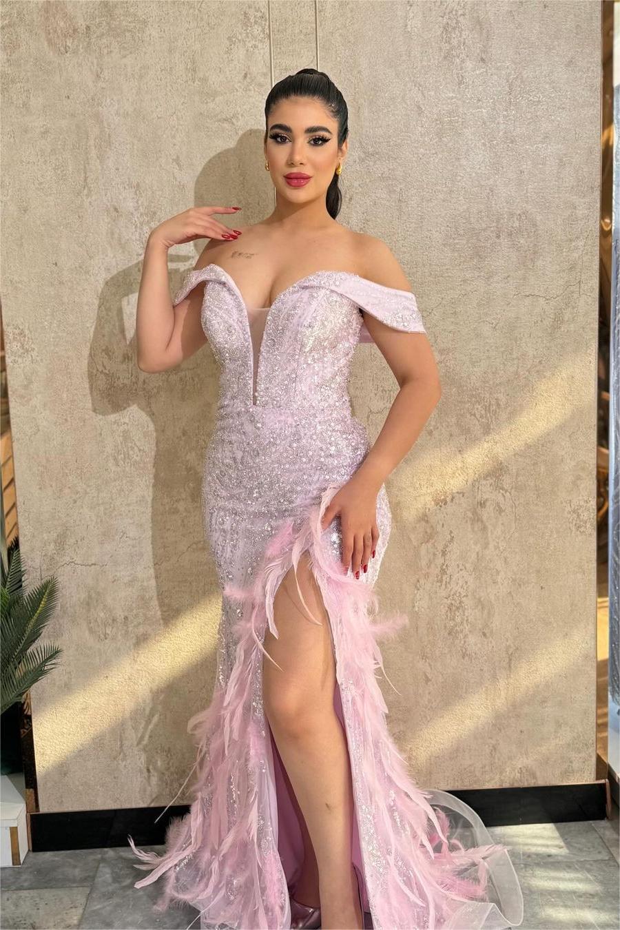 Stunning Off the Shoulder Sleeveless Beaded Long Split Formal Dress With Feathers