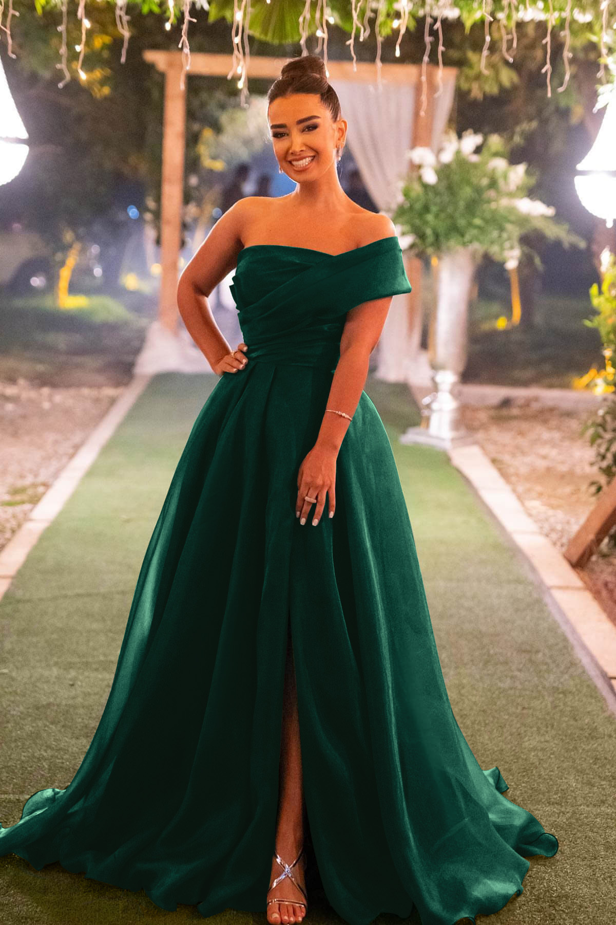 One Shoulder Dark Green Mermaid Front Split Evening Dress With Bowknot Strapless