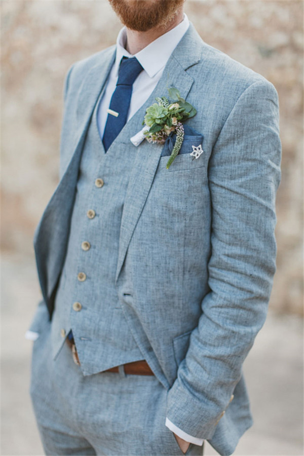 Latest Summer Blue Linen Beach Notched Lapel Wedding Suit