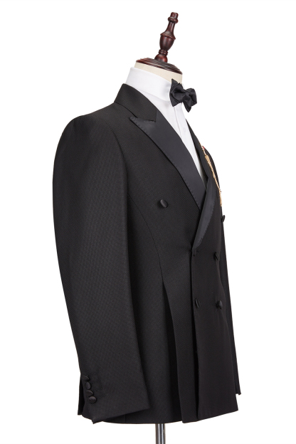 Classic Satin Double-Breasted Peak Lapel Black Men's Wedding Suit Groom Tuxedos