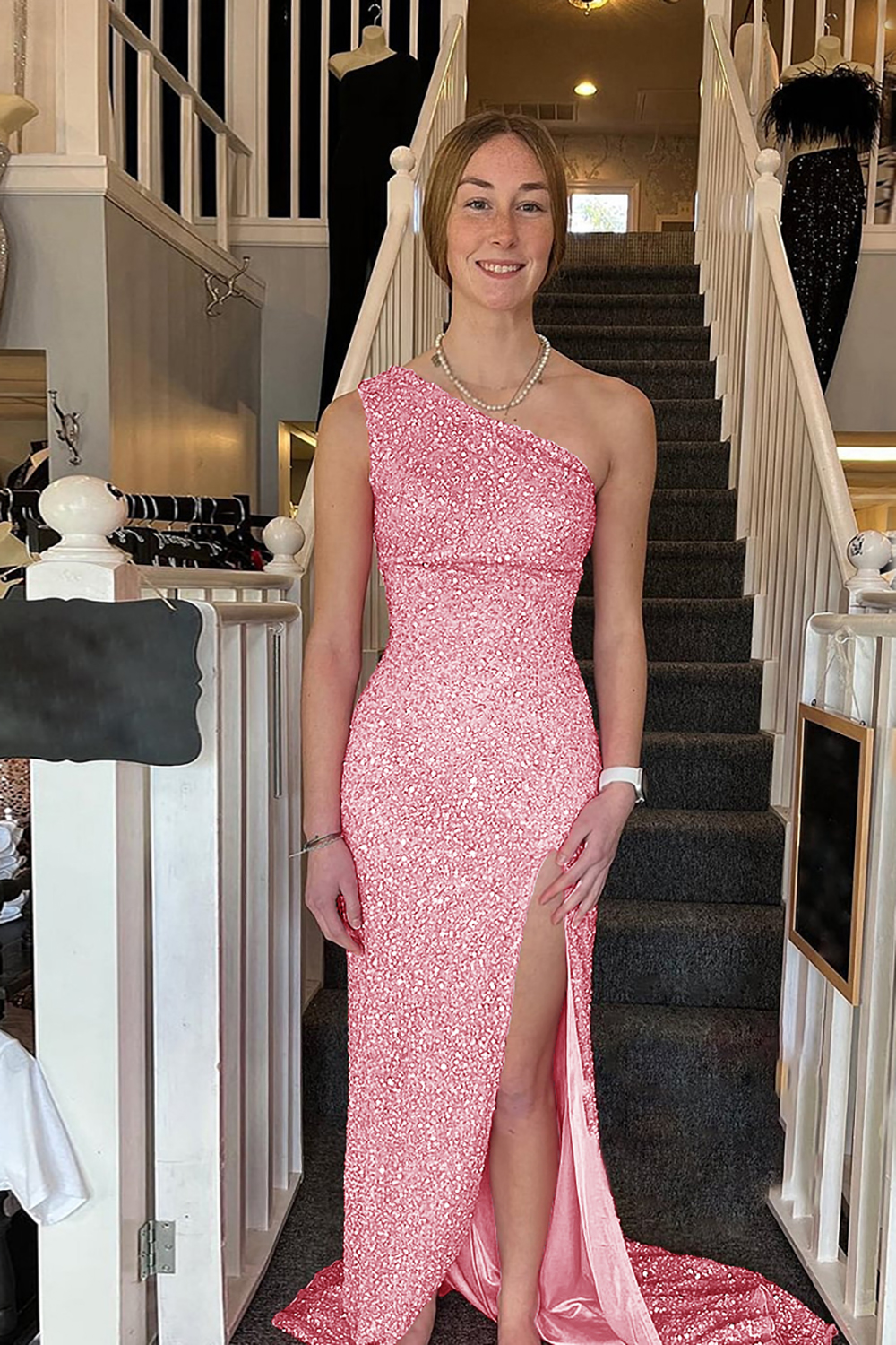 White Sequined Long Prom Gown with One Shoulder and Front Slit