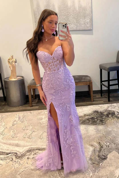 Sweetheart Long Pink Lace Corset Prom Dress with Slit