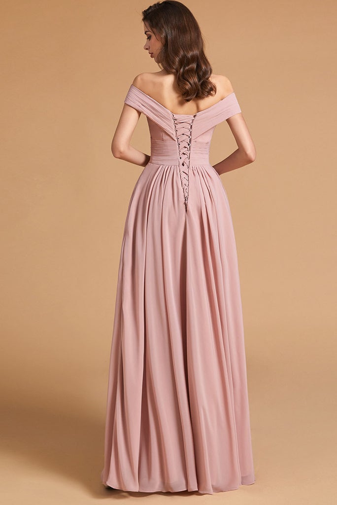 Dusty Rose Off-the-Shoulder Bridesmaid Dress Lace-Up