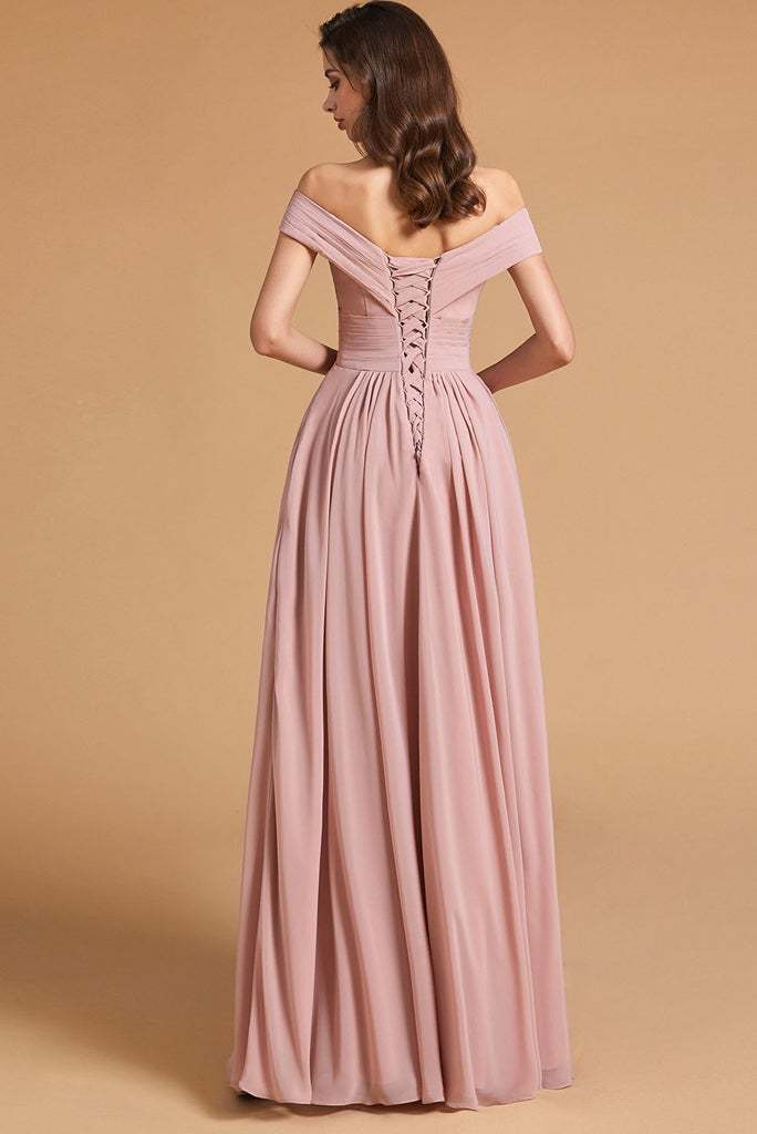 Dusty Rose Off-the-Shoulder Bridesmaid Dress Lace-Up