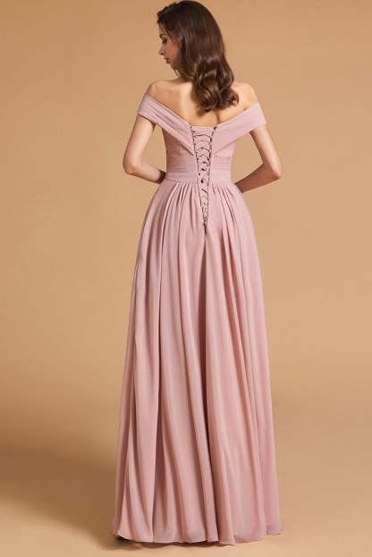 Dusty Rose Off-the-Shoulder Bridesmaid Dress Lace-Up