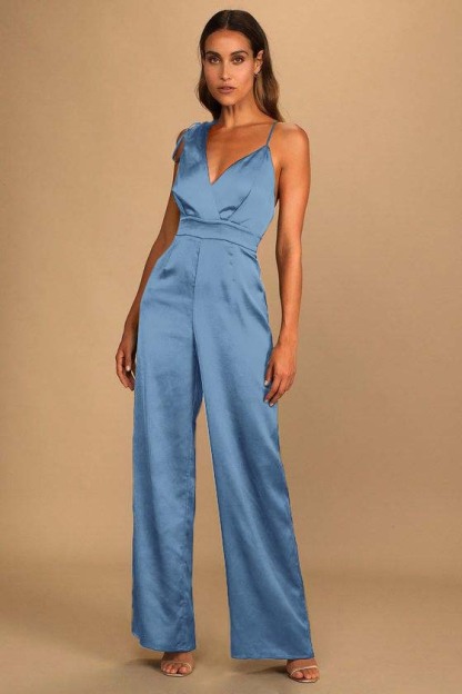 Retro Emerald Green Satin Asymmetrical Wide-Leg Jump Suit
