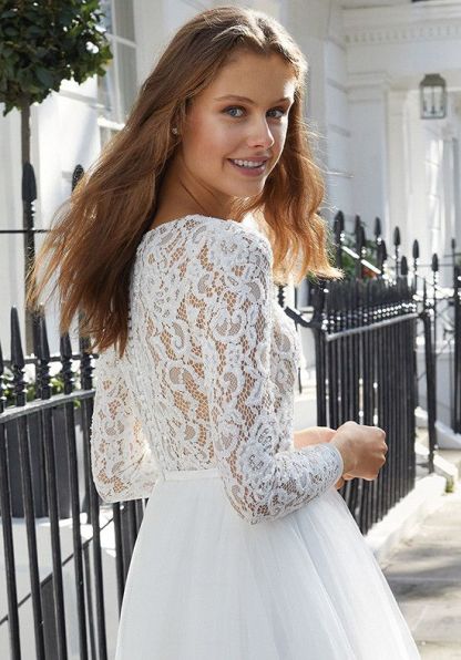 Chic Short Tulle Jewel A-Line Sleeves Wedding Dress with Lace