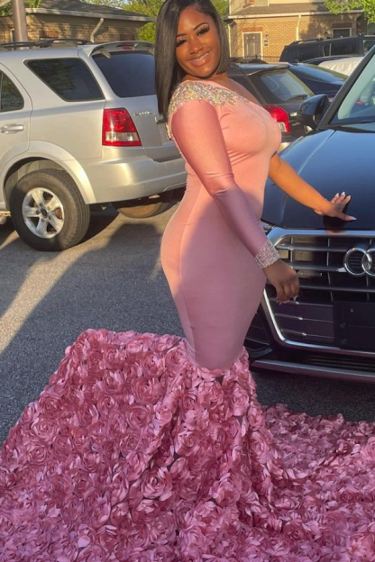 Maibel Sexy One Shoulder Long Sleeve Pink Sequins Mermaid Evening Dress