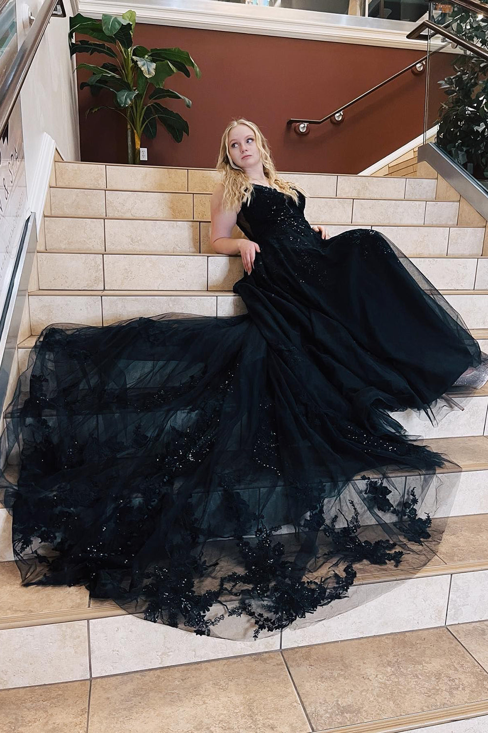 A-Line Prom Dress with Black Spaghetti Straps and Appliques