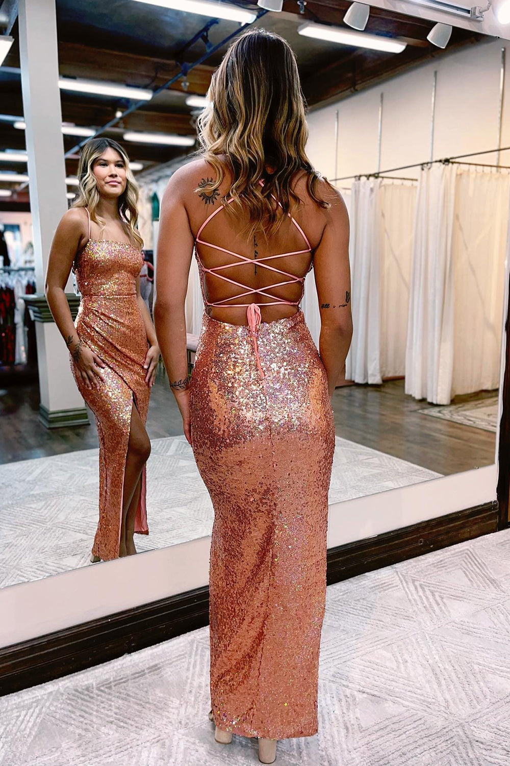 Blue Sequined Prom Dress with Silt and Halter Sheath Design