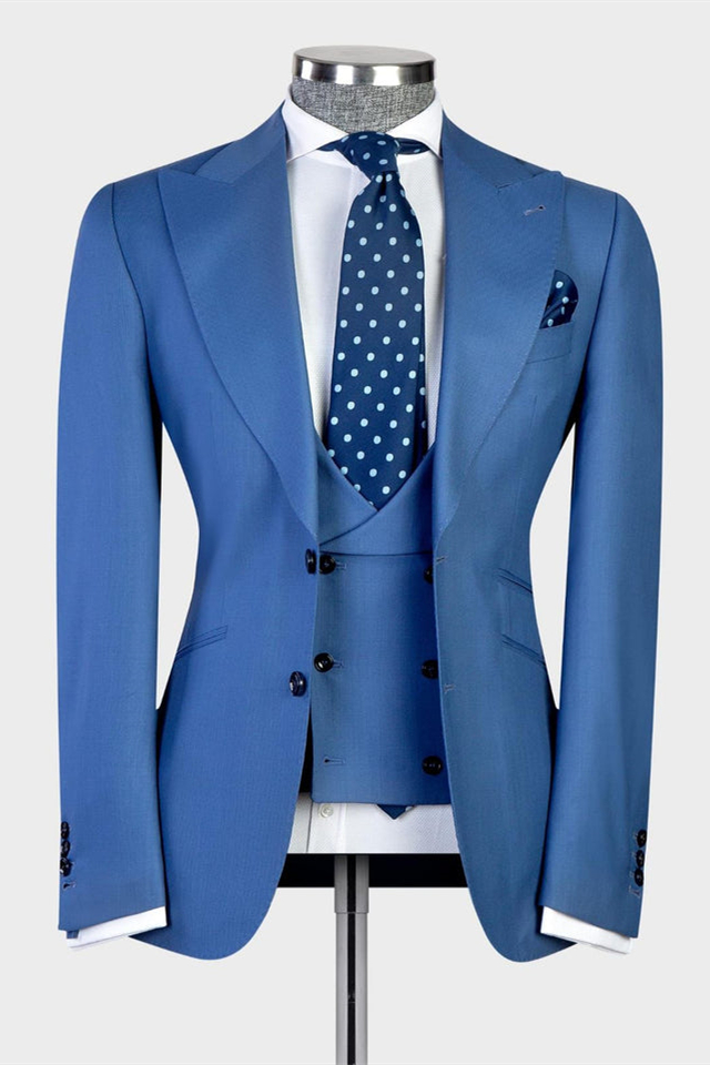 Eliot Modern Blue Peaked Lapel Three-Piece Men's Suits for Business