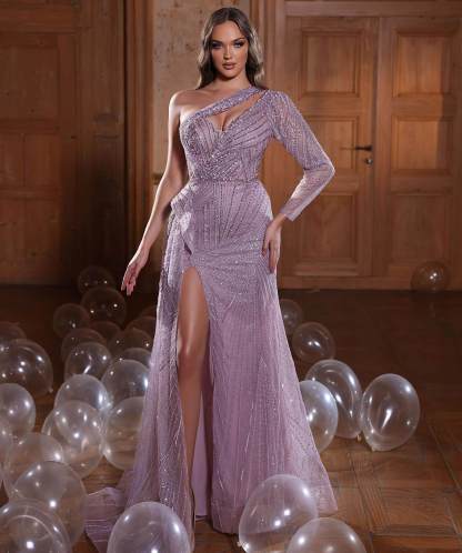 Shallow Purple One Shoulder Long Sleeve Slit Mermaid Evening Dress With Sequins and Beadings