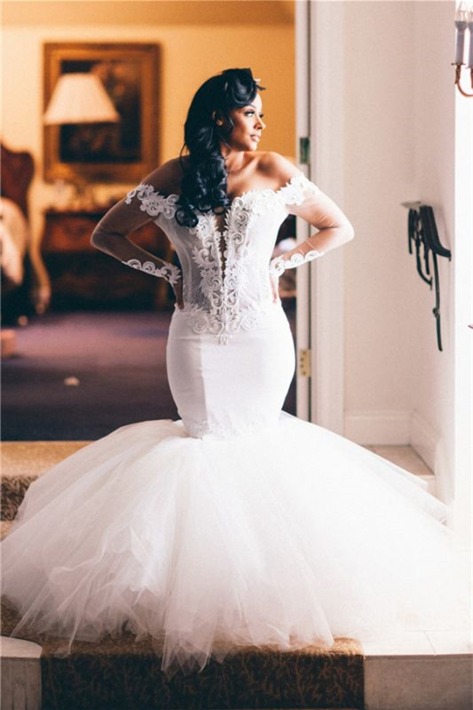 Chic Mermaid Long Sleeves Tulle Wedding Dress Off-the-Shoulder with Appliques