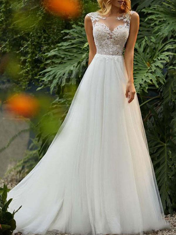 Tulle Sleeveless Lace Wedding Dress Long