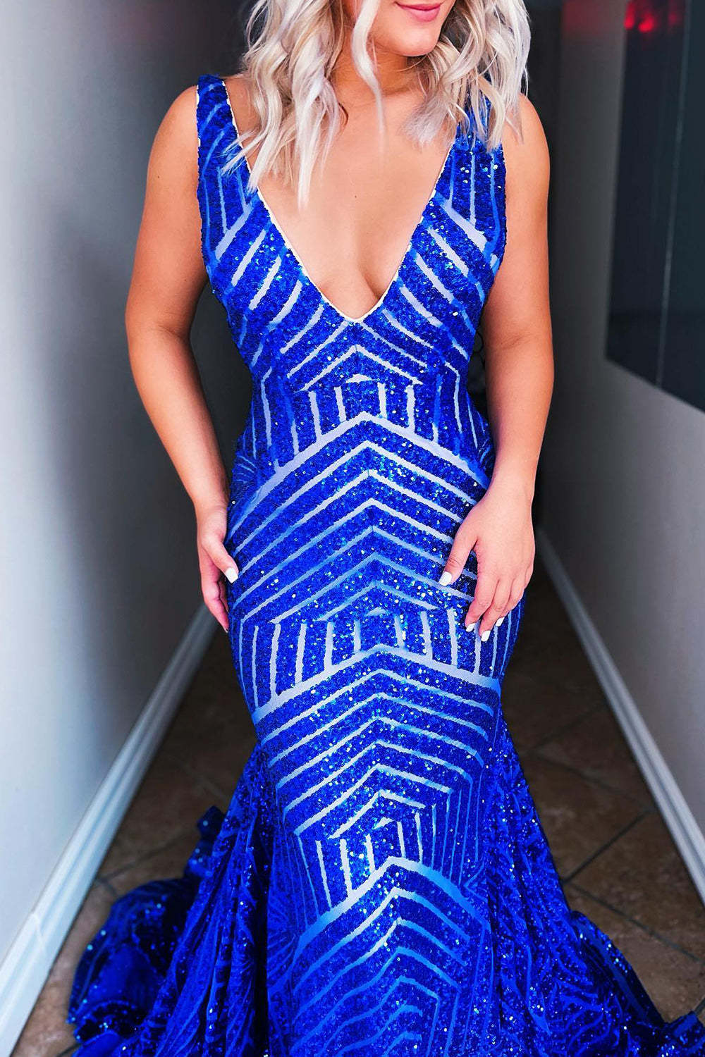 Deep V Neck Sequin Mermaid Prom Dress in Mustard Green