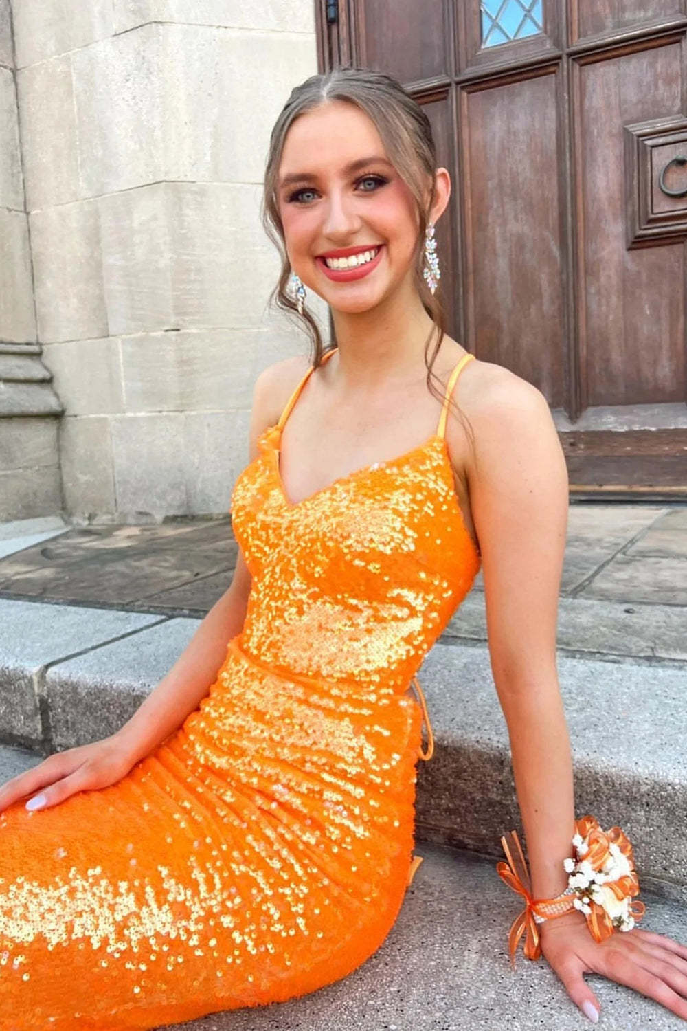 Long Mermaid Prom Dress with Sparkly Orange Sequins