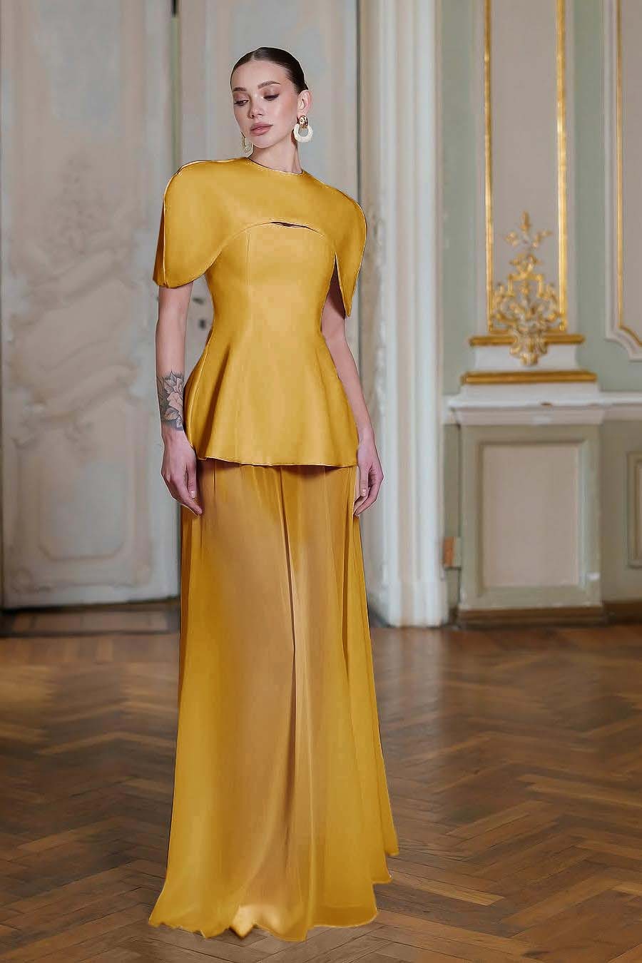 Chiffon Sleeveless Long Mermaid Formal Dress With Pleated Shawl