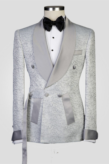 Braiden Silver Shawl Lapel Jacquard Double-Breasted Wedding Suits