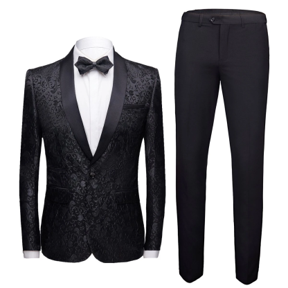 Unique Slim Fit Two-Piece Black Jacquard Shawl Lapel Men's Suits Wedding Groom Tuxedos