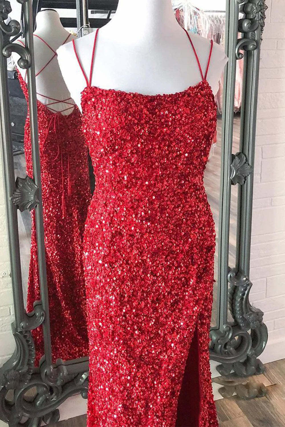 Long Red Mermaid Prom Dress Featuring Sequins and a Slit