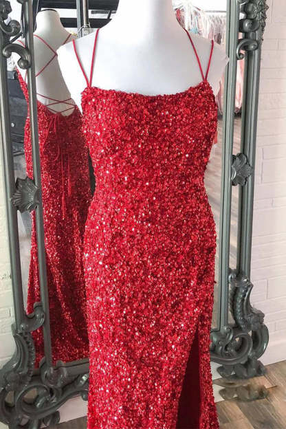 Long Red Mermaid Prom Dress Featuring Sequins and a Slit