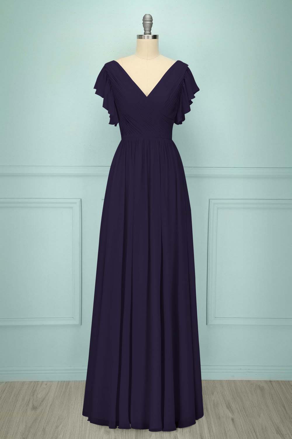 Chiffon V Neck Sleeveless Long Formal Dress With Pleated Ruffle