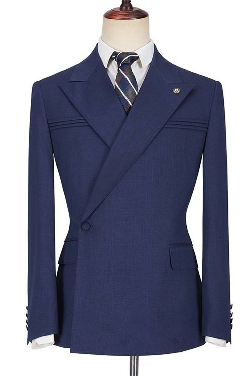 Fashion Dark Navy Peaked Lapel with Ruffles Homecoming Prom Suits