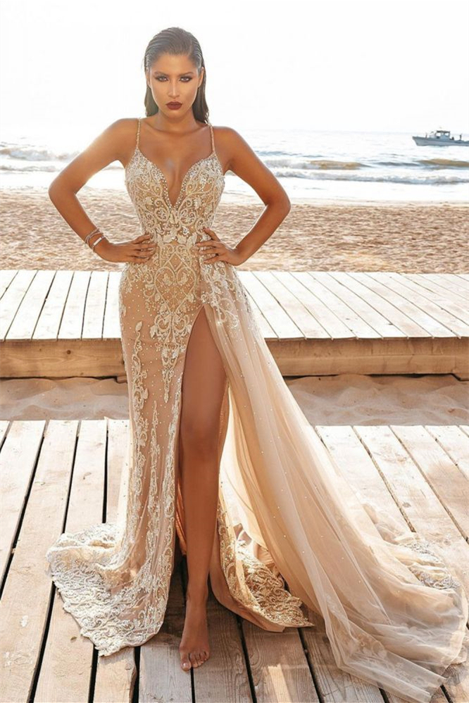 Mermaid Nude Spaghetti-Strap Wedding Dress Split with Beadings