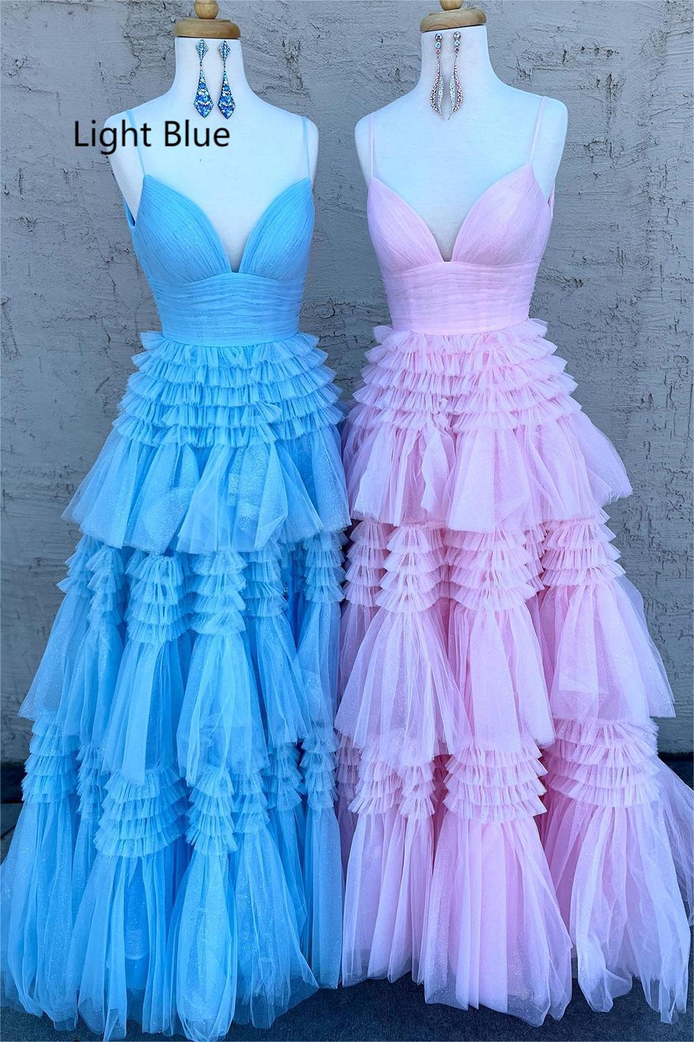 Long White Prom Dress with Tiered Tulle and Spaghetti Straps Featuring a Slit