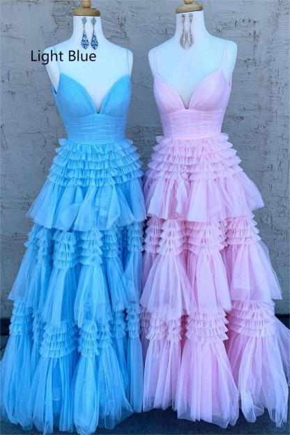 Long White Prom Dress with Tiered Tulle and Spaghetti Straps Featuring a Slit