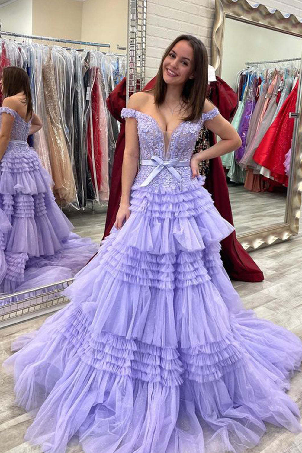 Ivory Off-the-Shoulder Princess A-Line Prom Dress with Ruffles
