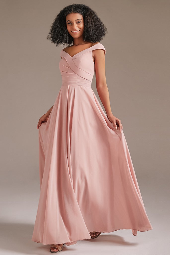 Off-the-Shoulder Pink Bridesmaid Dress with Pockets