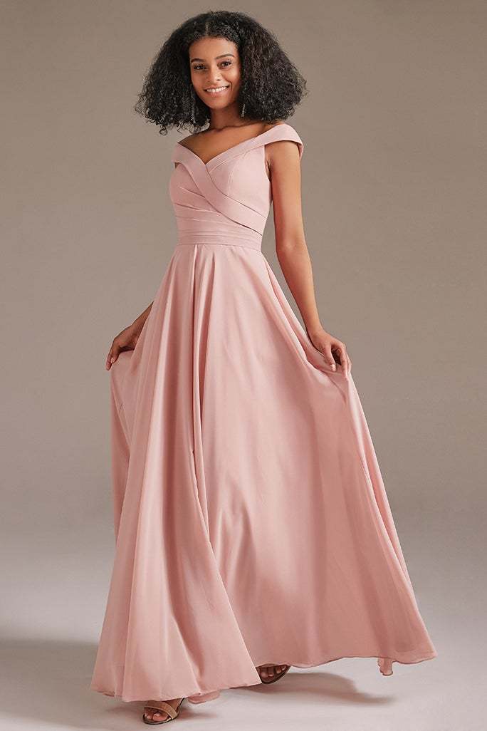Off-the-Shoulder Pink Bridesmaid Dress with Pockets