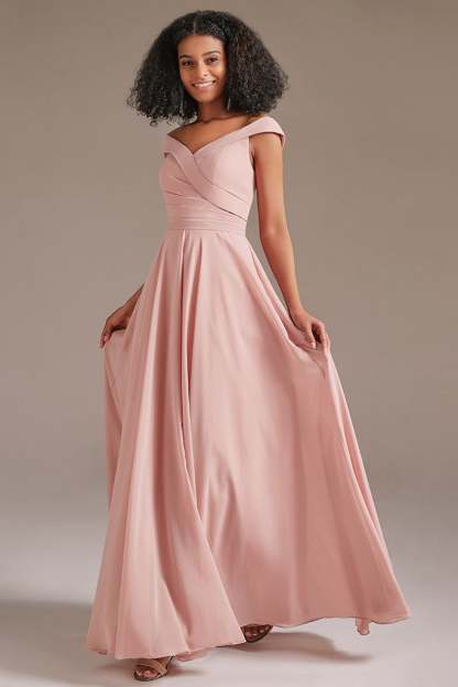 Off-the-Shoulder Pink Bridesmaid Dress with Pockets
