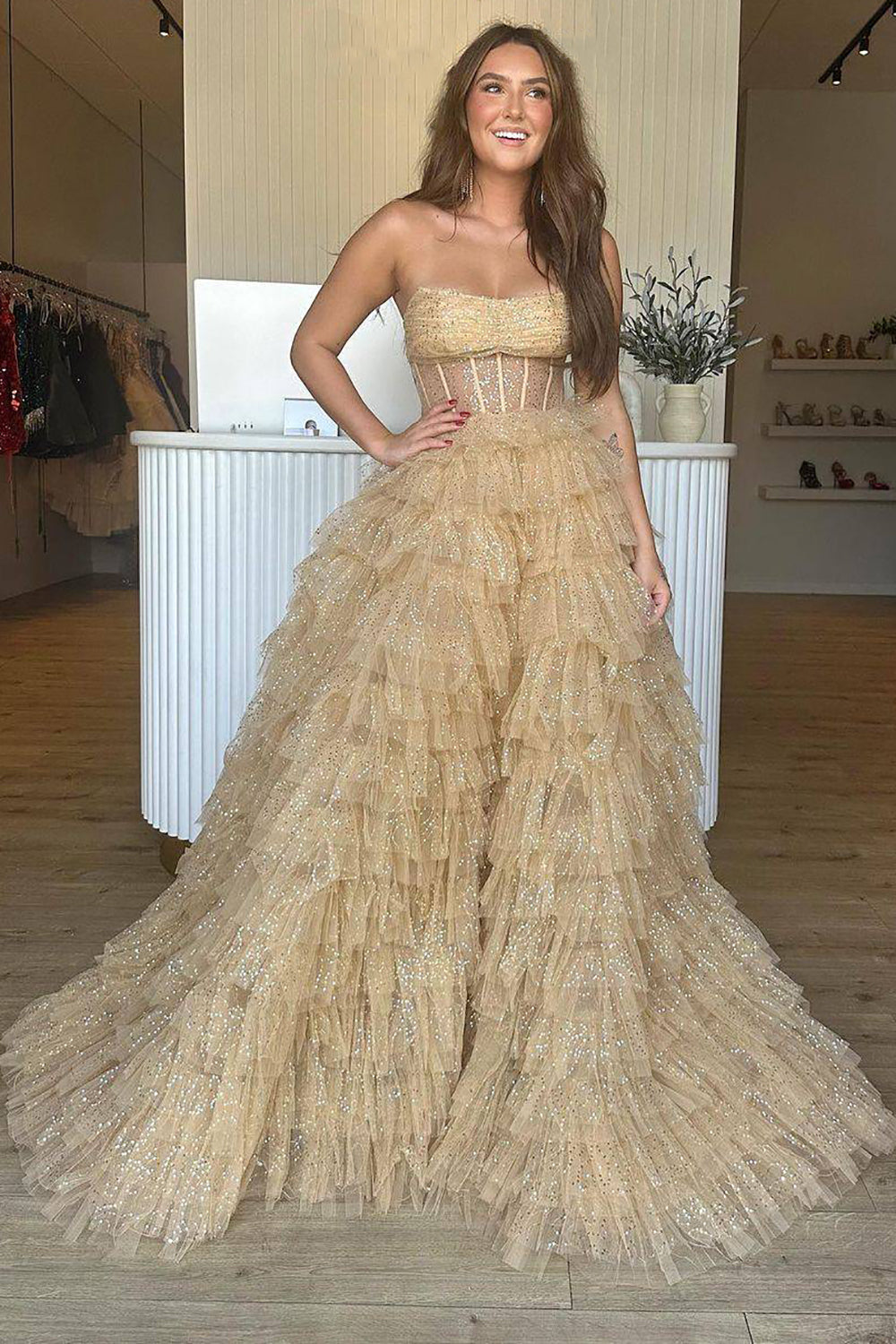 Exquisite Champagne Strapless A-Line Corset Prom Dress with Ruffles