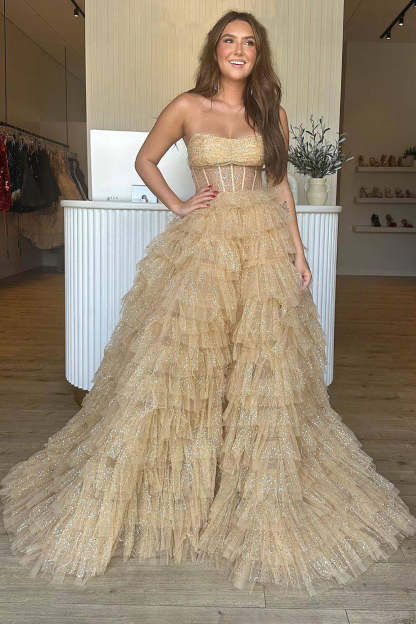 Exquisite Champagne Strapless A-Line Corset Prom Dress with Ruffles
