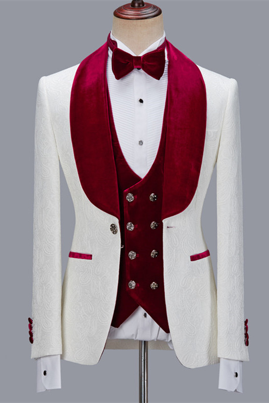Nathanael White Jacquard Velvet Lapel Three-Piece Wedding Groom Men's Suits