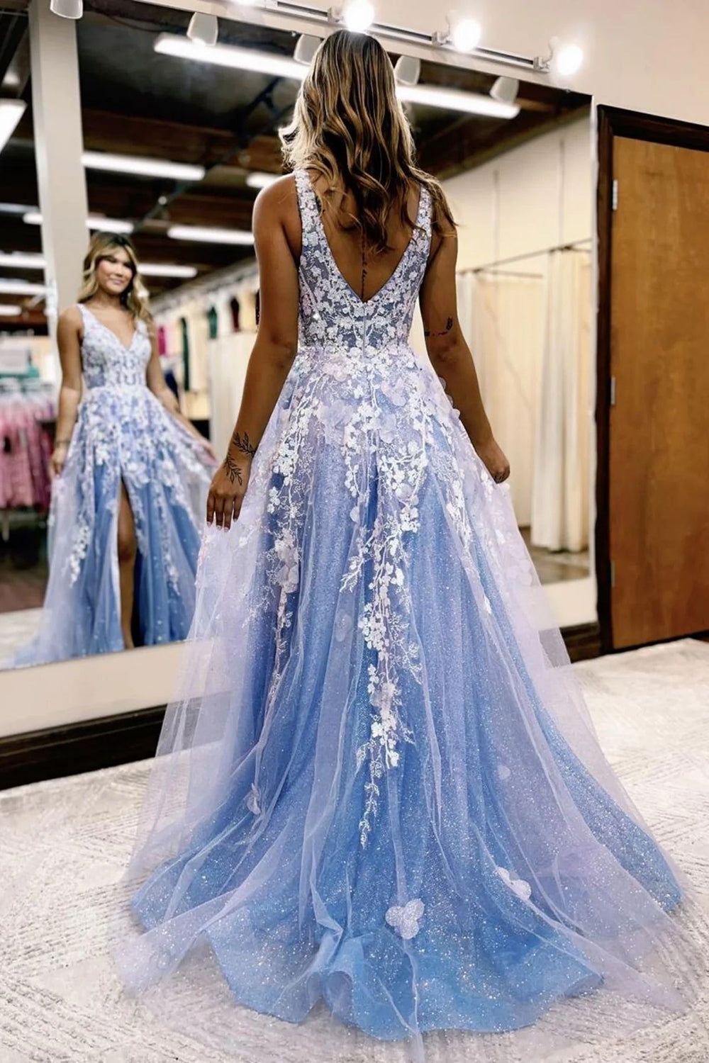 Blue Long Prom Dress with Appliques in a Deep V Neck A-Line Style