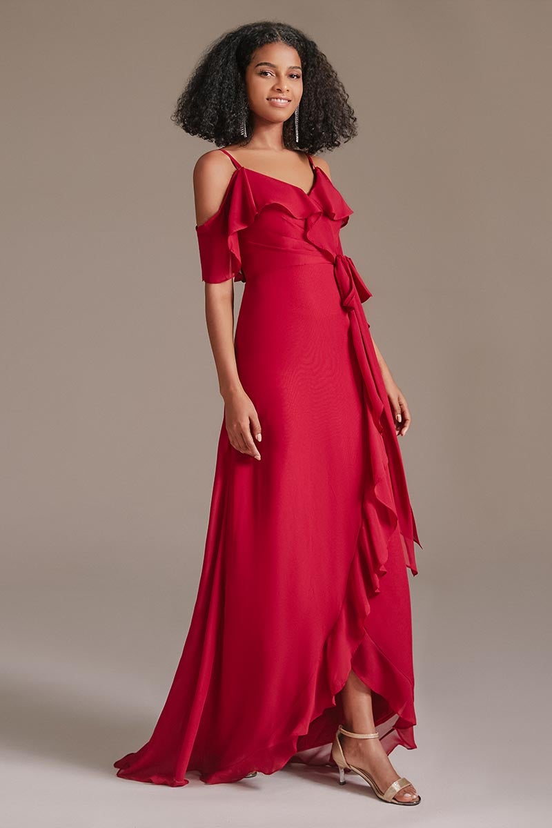 Red Chiffon Spaghetti-Straps Bridesmaid Dress with Ruffles