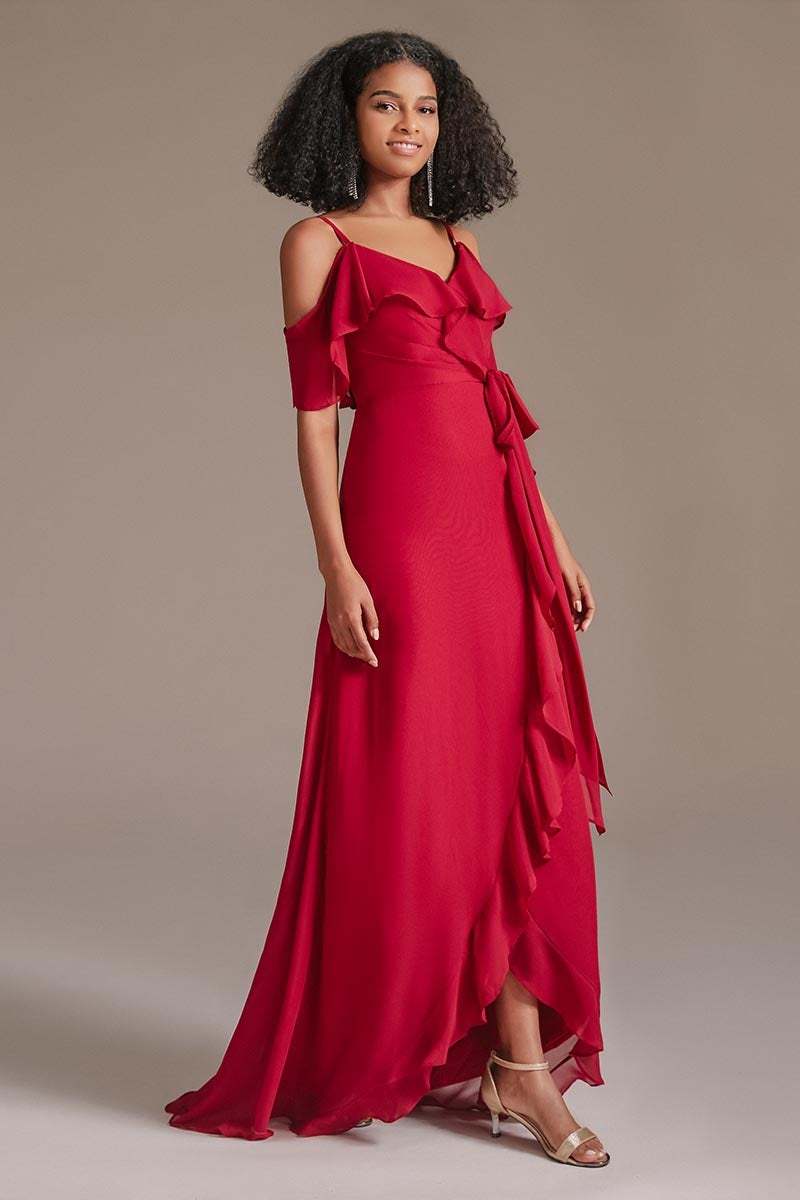 Red Chiffon Spaghetti-Straps Bridesmaid Dress with Ruffles