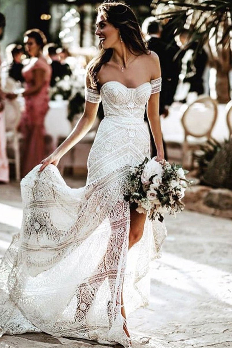 Off-the-Shoulder Mermaid Boho Lace Wedding Dress