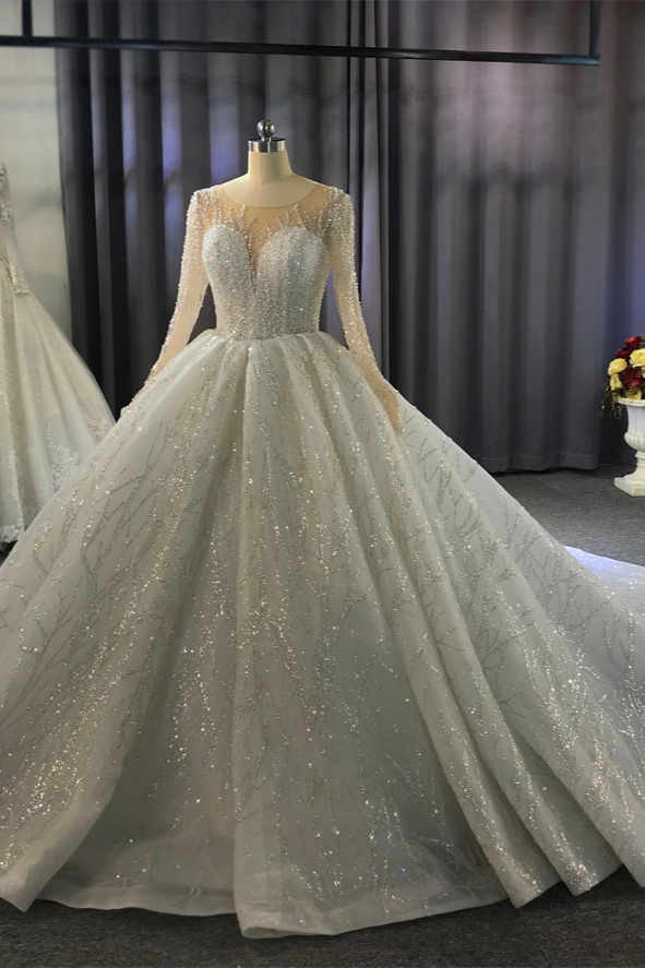 Glamorous Bateau Long Sleeves Floor-Length Ball Gown Wedding Dress with Ruffles