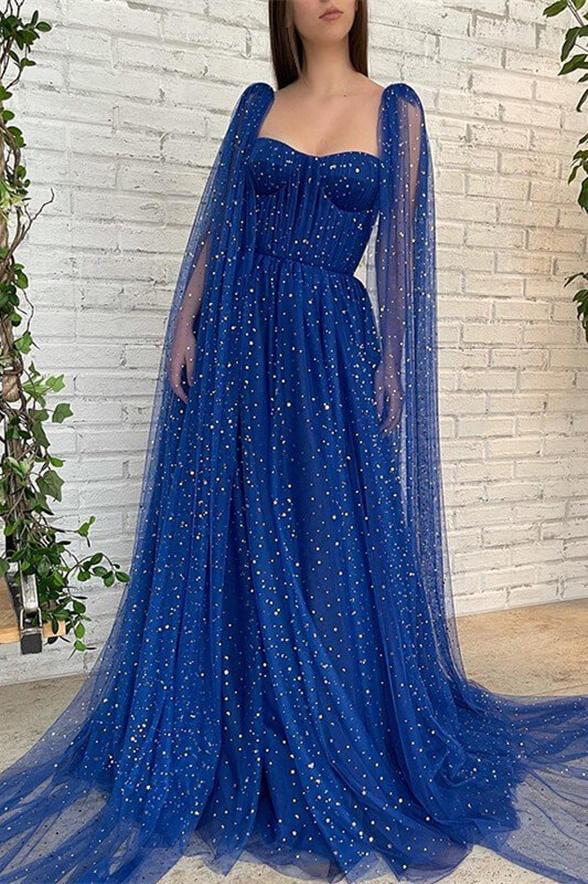 Royal Blue Long Tulle Evening Dress Beads With Ruffles