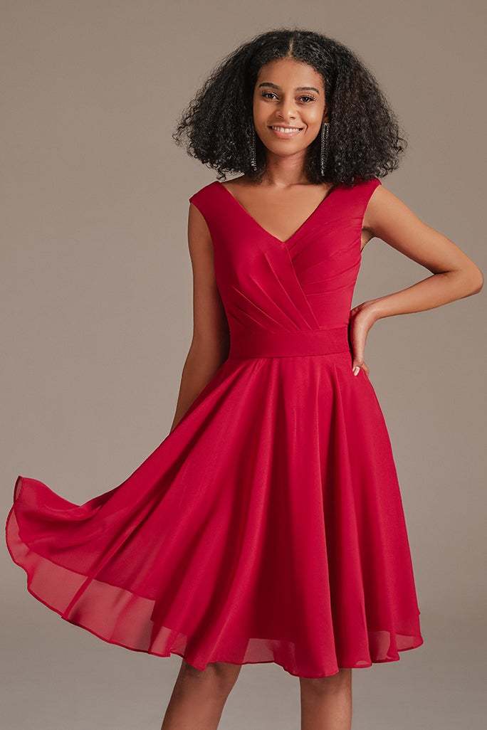 Red Junior V-Neck Bridesmaid Dress