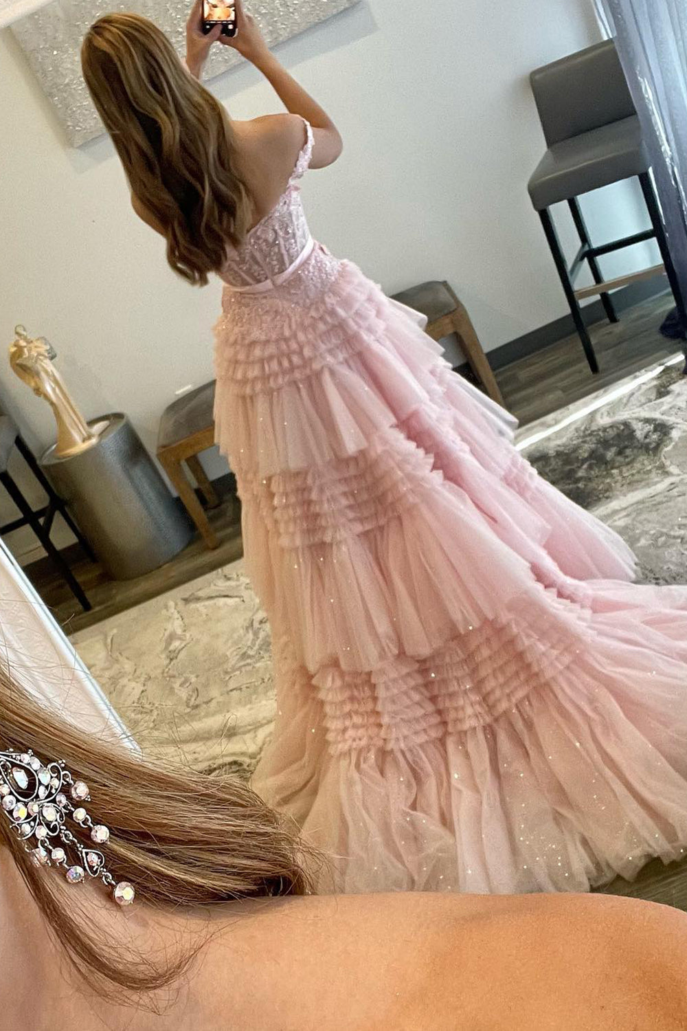 Ivory Off-the-Shoulder Princess A-Line Prom Dress with Ruffles